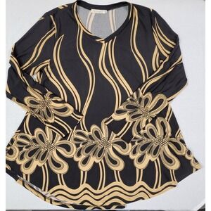 BaiShengGT Women's V-neck Long Sleeve Tunic Tops Blouse Black Brown Floral 2XL